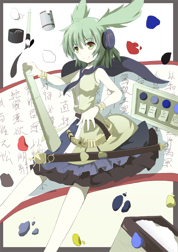 belt, dress, earmuffs, green_hair, grey_hair, headphones, ritual_baton, sanpei_(artist), scabbard, sheath, sheathed, short_hair, skirt, solo, sword, touhou, toyosatomimi_no_miko, weapon