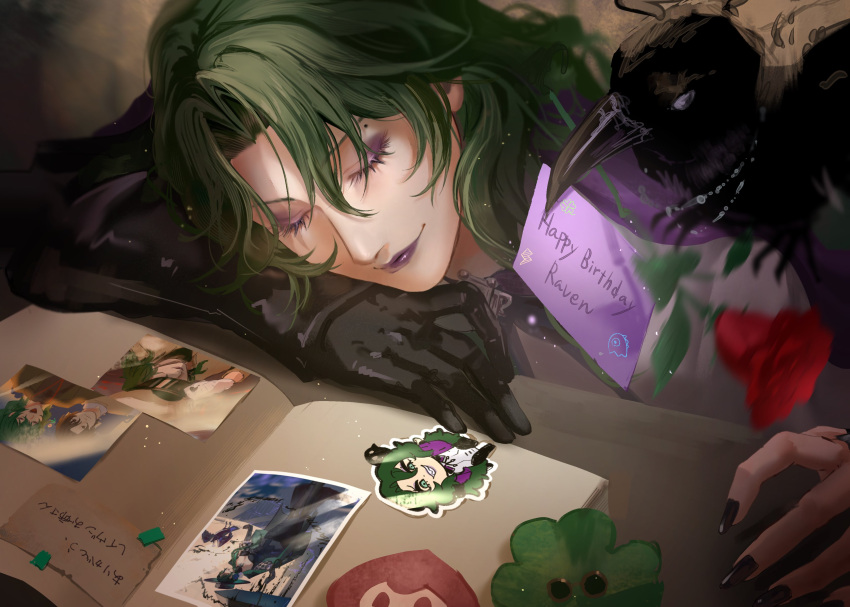1girl, absurdres, bird, black_gloves, black_nails, closed_eyes, crow, eyeshadow