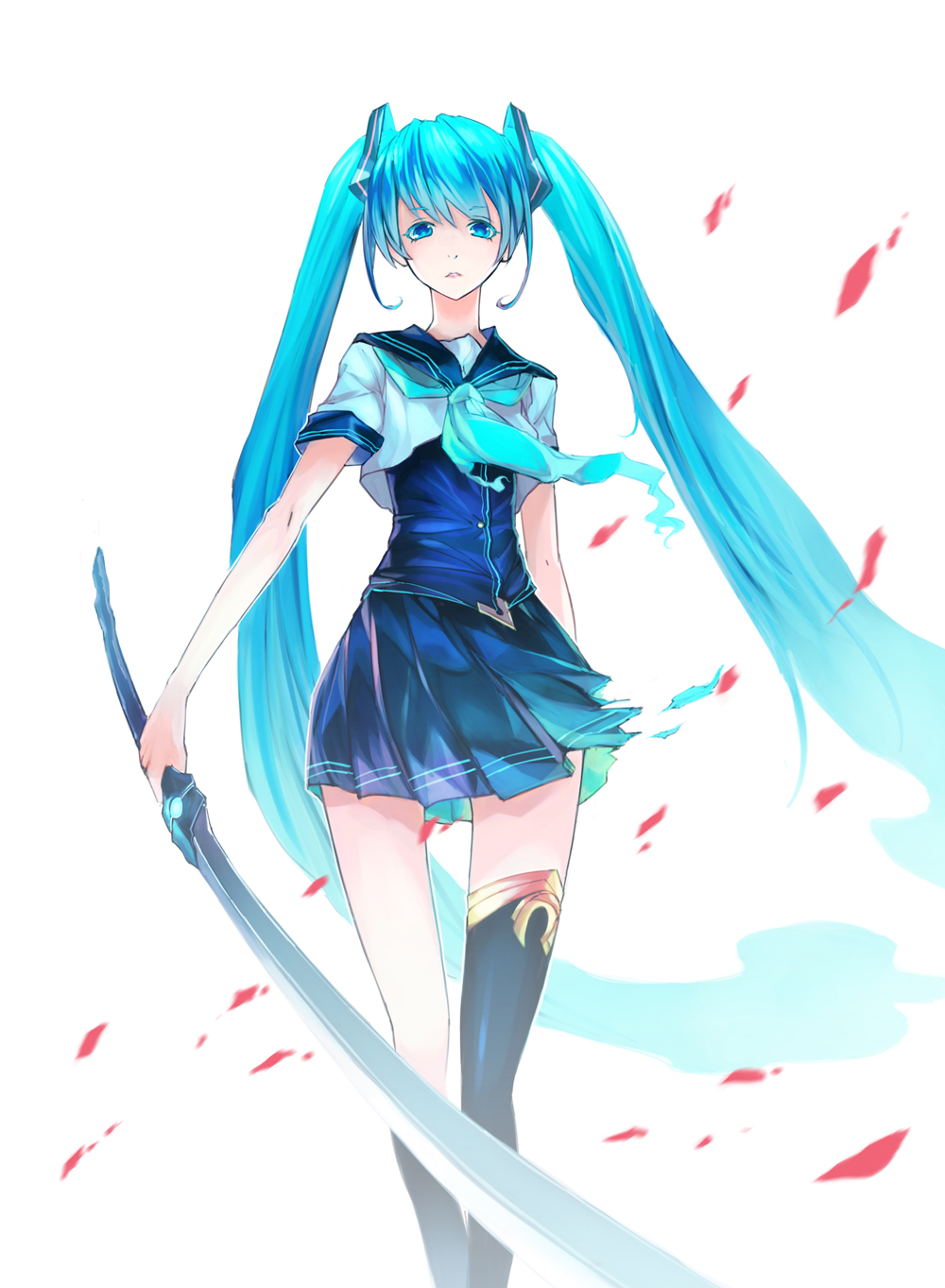aqua_eyes, aqua_hair, hatsune_miku, highres, long_hair, primrose, sailor_collar, simple_background