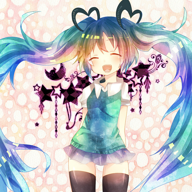 :d, aqua_hair, bad_id, closed_eyes, eyes_closed, floating_hair, hatsune_miku, long_hair
