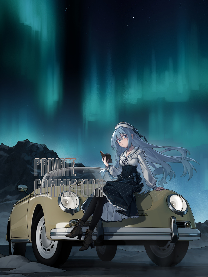 1girl, absurdres, arnold-s, aurora, black_bow, black_pantyhose, blue_eyes, blue_hair