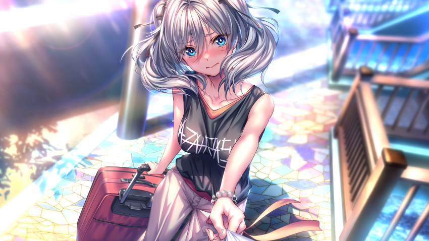 1boy, 1girl, amakano_2, bead_bracelet, beads, black_ribbon, black_shirt, blue_eyes