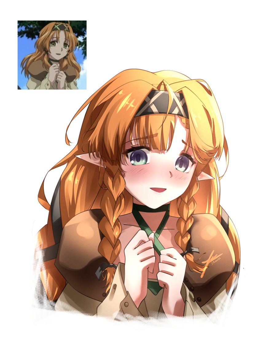 1girl, anime_screenshot_inset, black_hairband, blush, braid, braided_sidelocks, commentary, cosplay