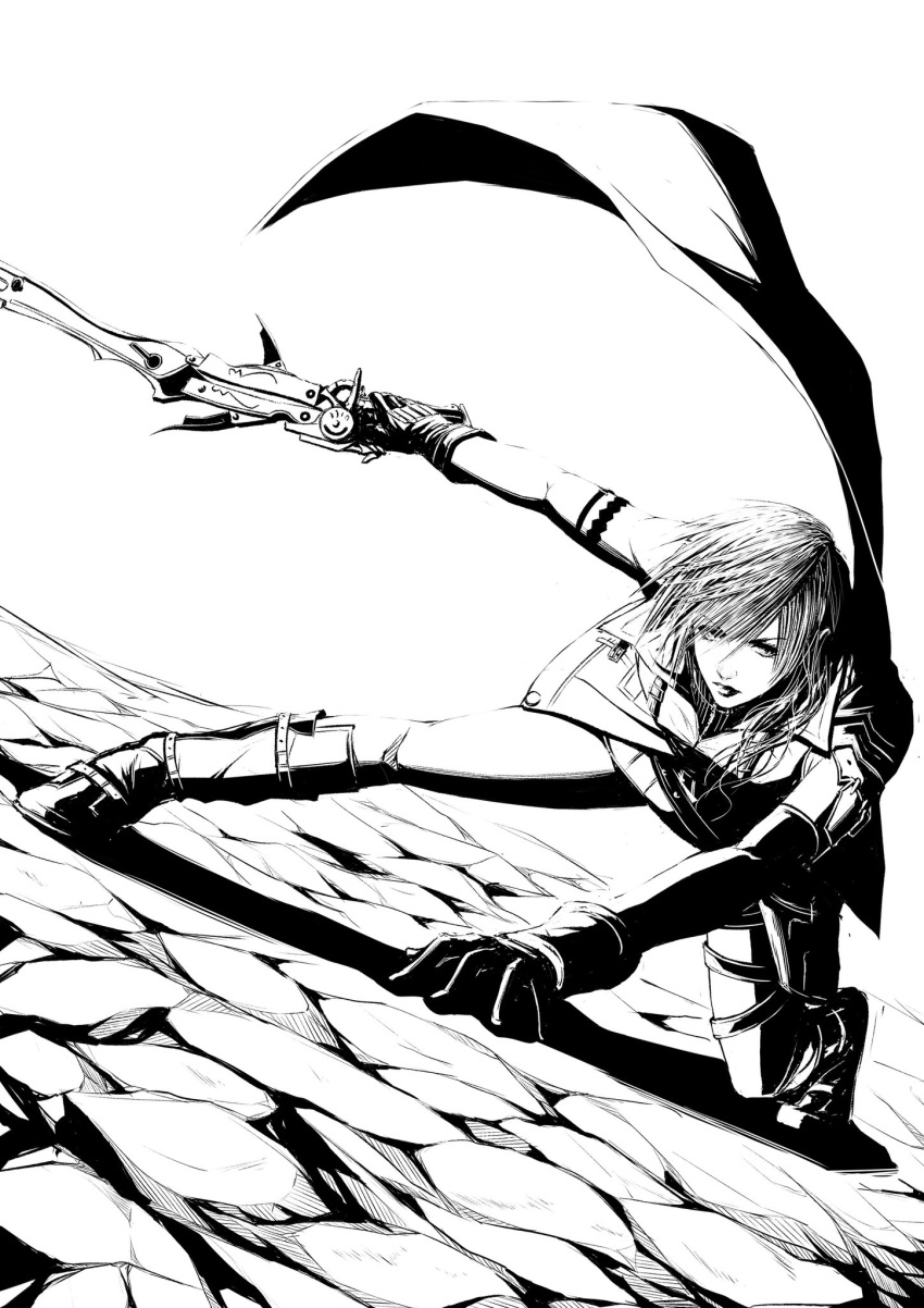 1girl, blade43883059, blazefire_saber, commentary_request, final_fantasy, final_fantasy_xiii, floating_cape, full_body