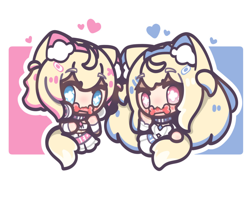 2girls, animal_ear_fluff, animal_ears, bandaid, bandaid_hair_ornament, blonde_hair, blue_background, blue_hairband