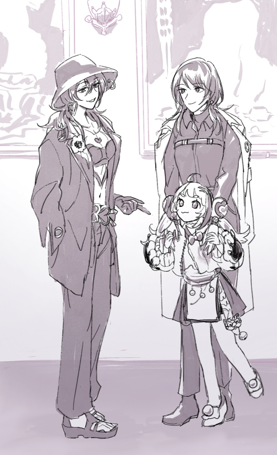 3girls, :3, ahoge, bell, belt, breasts, chest_harness, chief_(path_to_nowhere)