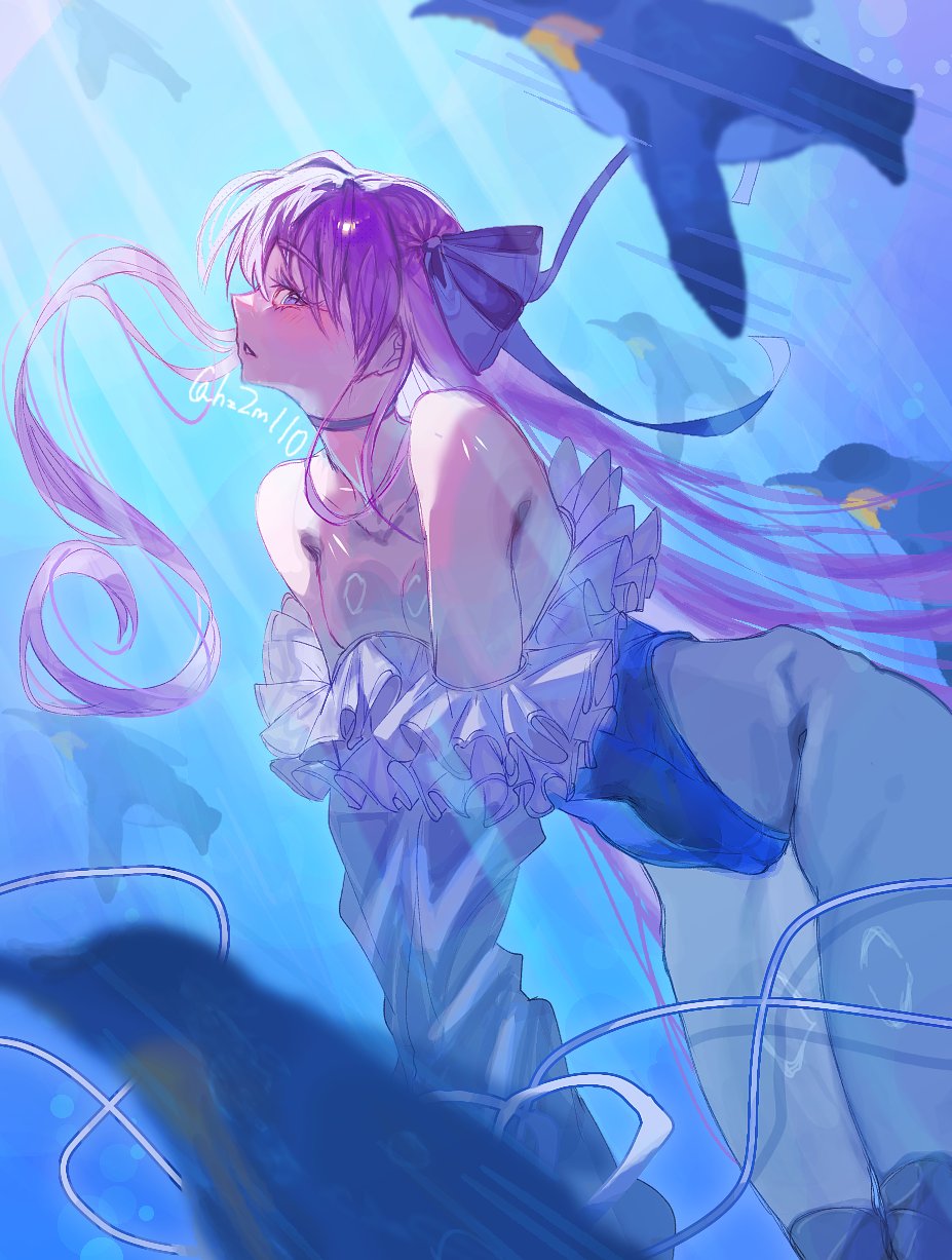 animal, animals, bare_shoulders, belly_button, bird, blue_bow, blue_choker, blue_eyes, blue_swimsuit, blush, bow, cameltoe, choker, covered_navel, emperor_penguin, eyelashes, fate/grand_order, fate_(series), female, female_focus, frills, hair_bow, hair_ornament, hz2ml10, long_hair, long_sleeves, meltryllis, meltryllis_(swimsuit_lancer)_(fate), meltryllis_(swimsuit_lancer)_(second_ascension)_(fate), ocean, one-piece_swimsuit, open_mouth, penguin, profile, prosthesis, prosthetic_leg, purple_hair, shoulders, sleeves_past_fingers, sleeves_past_wrists, small_breasts, solo, swimming, swimsuit, thighs, type-moon, very_long_hair, water