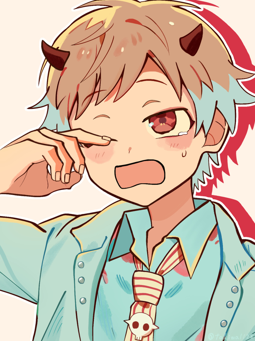 1boy, blazer, blush, colored_bangs, genderswap, genderswap_(ftm), gradient_hair, hair_ornament