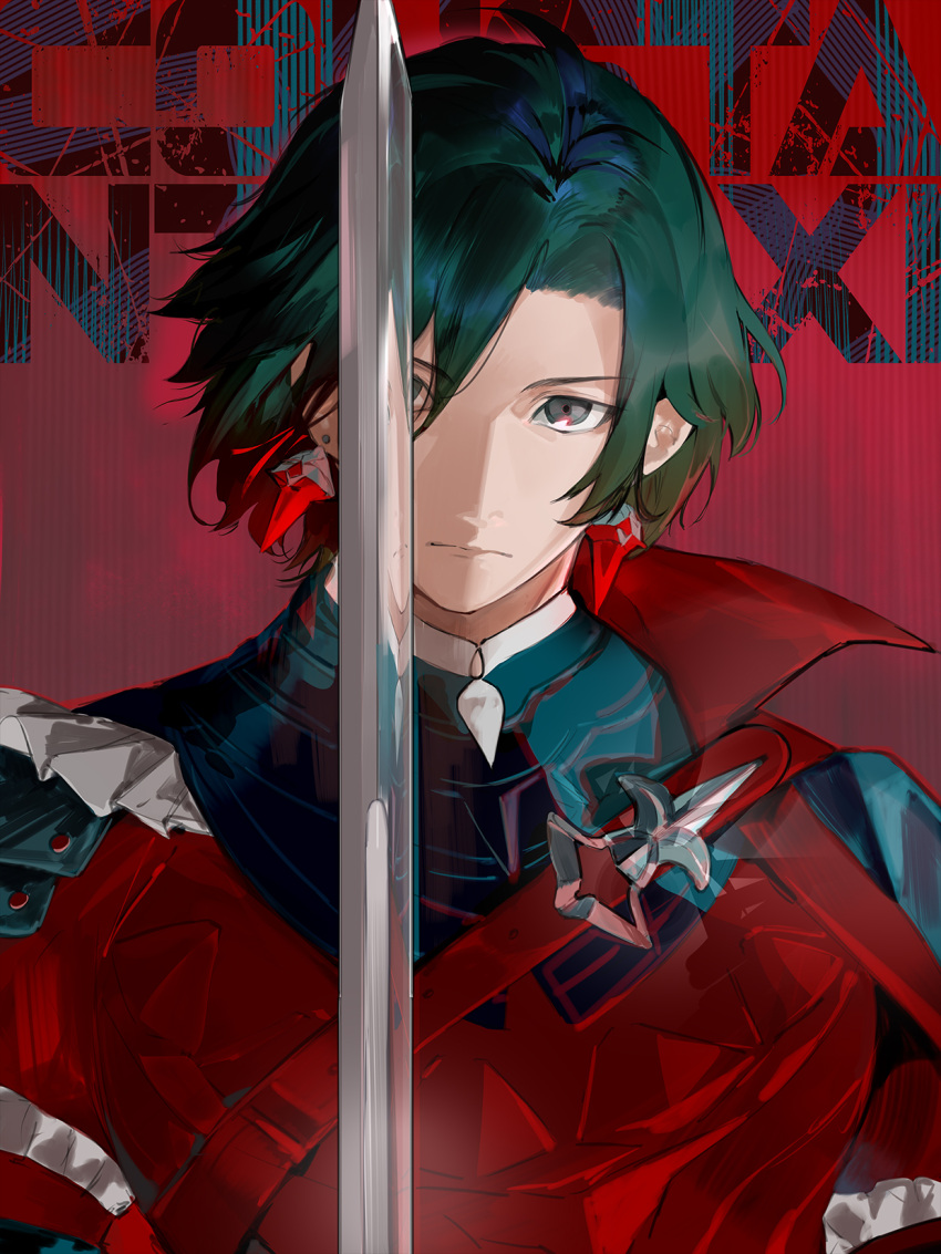 1boy, belt, black_hair, black_shirt, character_name, closed_mouth, constantine_xi_(fate), constantine_xi_(second_ascension)_(fate)
