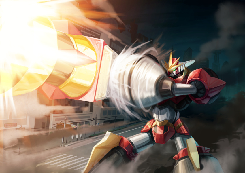 dai-guard, dai-guard_(robot), dust, explosion, glowing, glowing_eyes, highres, hokuto_shinken