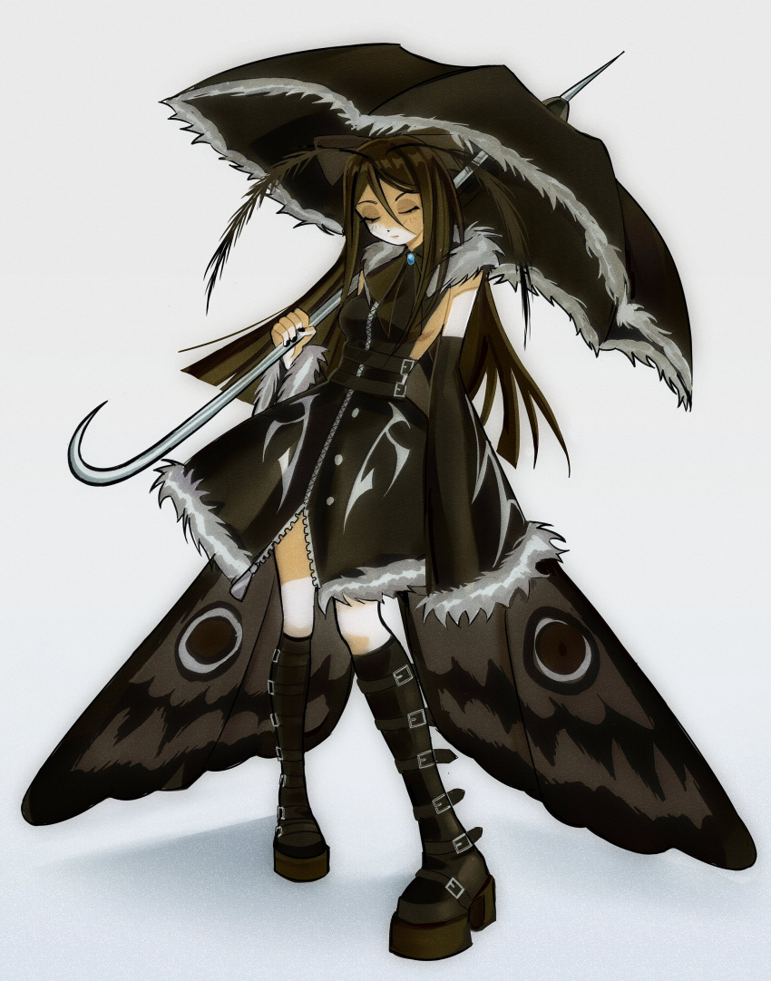 1girl, absurdres, acet0xy, antennae, arthropod_girl, belt_boots, black_boots, black_dress
