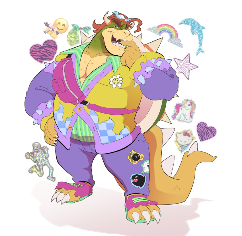 1boy, biting_finger, bowser, broken_shoes, claws, dolphin, english_text, fangs, fanny_pack, furry, furry_male, harajuku_fashion, heart, heart_sticker, hello_kitty, hello_kitty_(character), highres, horns, l8enji, looking_at_viewer, male_focus, my_little_pony, open_mouth, red_hair, sanrio, smile, spiked_shell, spiked_tail, star_(symbol), sticker, super_mario_bros., tail, white_background