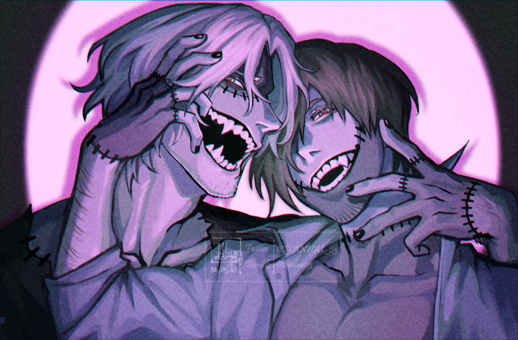 2boys, :d, alternate_costume, collared_shirt, commentary, company_connection, dante_(devil_may_cry), devil_may_cry_(series), drop_shadow, fangs, grin, hair_over_one_eye, halloween, hand_on_another's_face, horizontal_spotlight, leon_s._kennedy, male_focus, multiple_boys, open_clothes, open_shirt, pectoral_cleavage, pectorals, purple_theme, red_pupils, resident_evil, shirt, short_hair, smile, stitched_face, stitched_hand, stitched_neck, stitches, tianhai03, untranslatable_commentary, upper_body