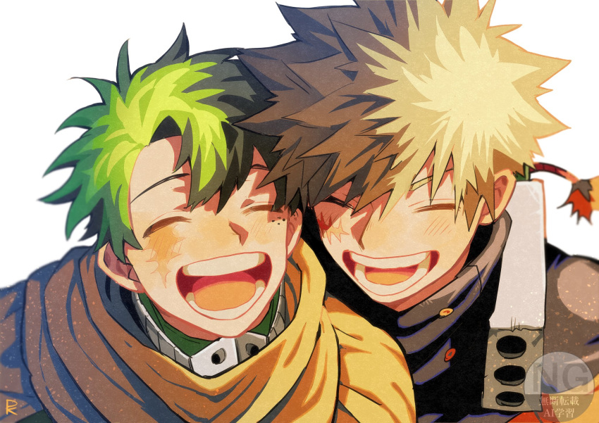 2boys, bakugou_katsuki, black_shirt, blonde_hair, blush, boku_no_hero_academia, closed_eyes, commentary_request
