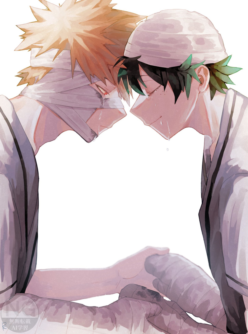 2boys, bakugou_katsuki, bandaged_arm, bandaged_head, bandages, blonde_hair, boku_no_hero_academia, closed_mouth