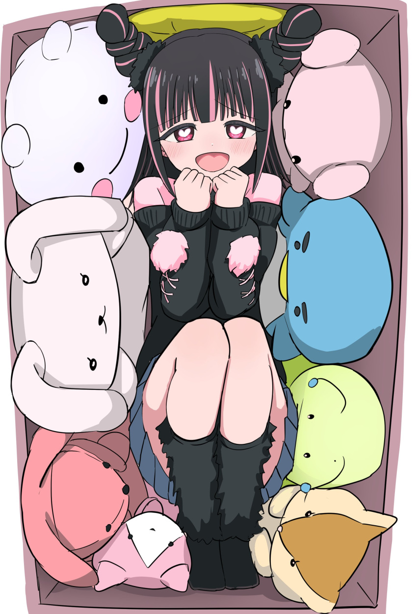 1girl, :d, absurdres, black_hair, black_socks, black_sweater, blue_skirt, commentary_request