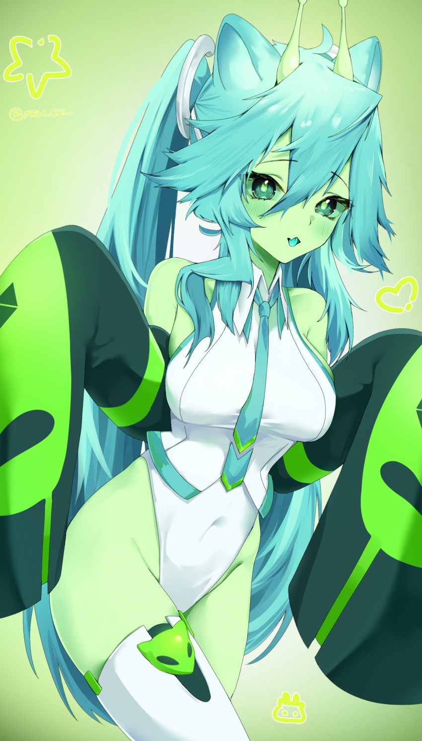 1girl, absurdres, alien, animal_ears, antennae, aqua_hair, aqua_tongue, breasts, cat_ears, collared_leotard, colored_sclera, colored_skin, detached_sleeves, glorpi_miku_(dyarikku), green_background, green_eyes, green_sclera, green_skin, hair_between_eyes, hatsune_miku, highres, leotard, long_hair, looking_at_viewer, mew_(mew_chi), necktie, sleeves_past_fingers, sleeves_past_wrists, thigh-highs, twintails, very_long_hair, vocaloid, white_leotard