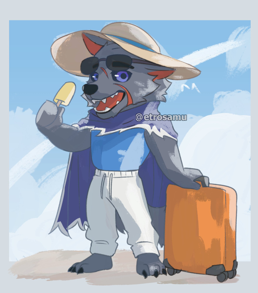 1boy, animal_ears, artist_name, bag, black_fur, blaidd_the_half-wolf, blue_tank_top, chibi