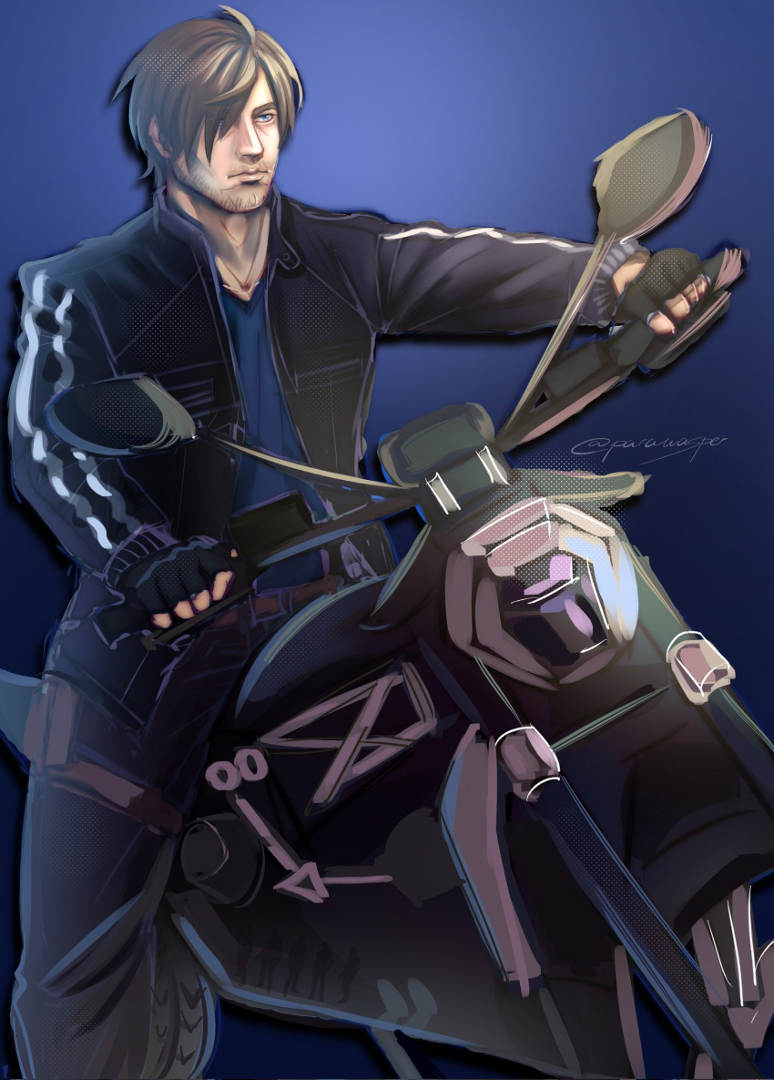 1boy, aegyo_sal, beard_stubble, black_gloves, black_jacket, blue_eyes, blue_shirt, brown_hair