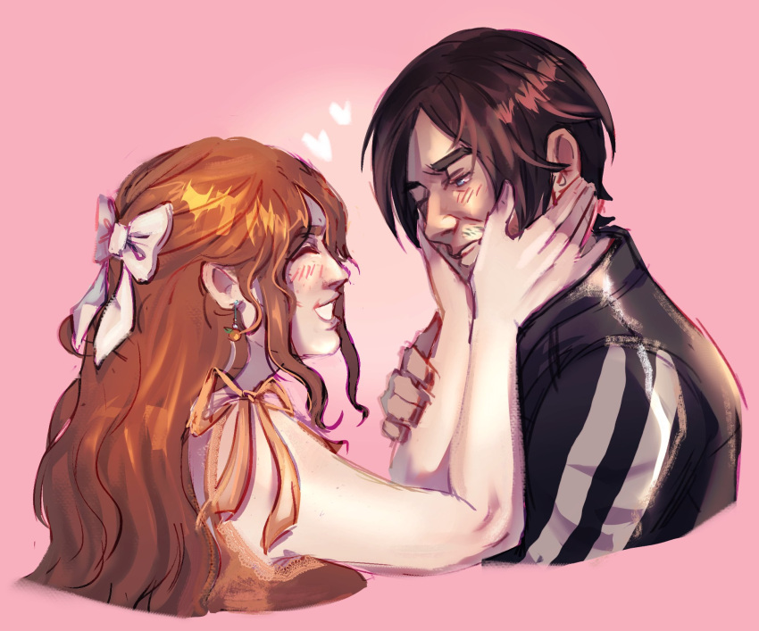 1boy, 1girl, black_jacket, bow, brown_hair, closed_eyes, commission, commissioner_insert