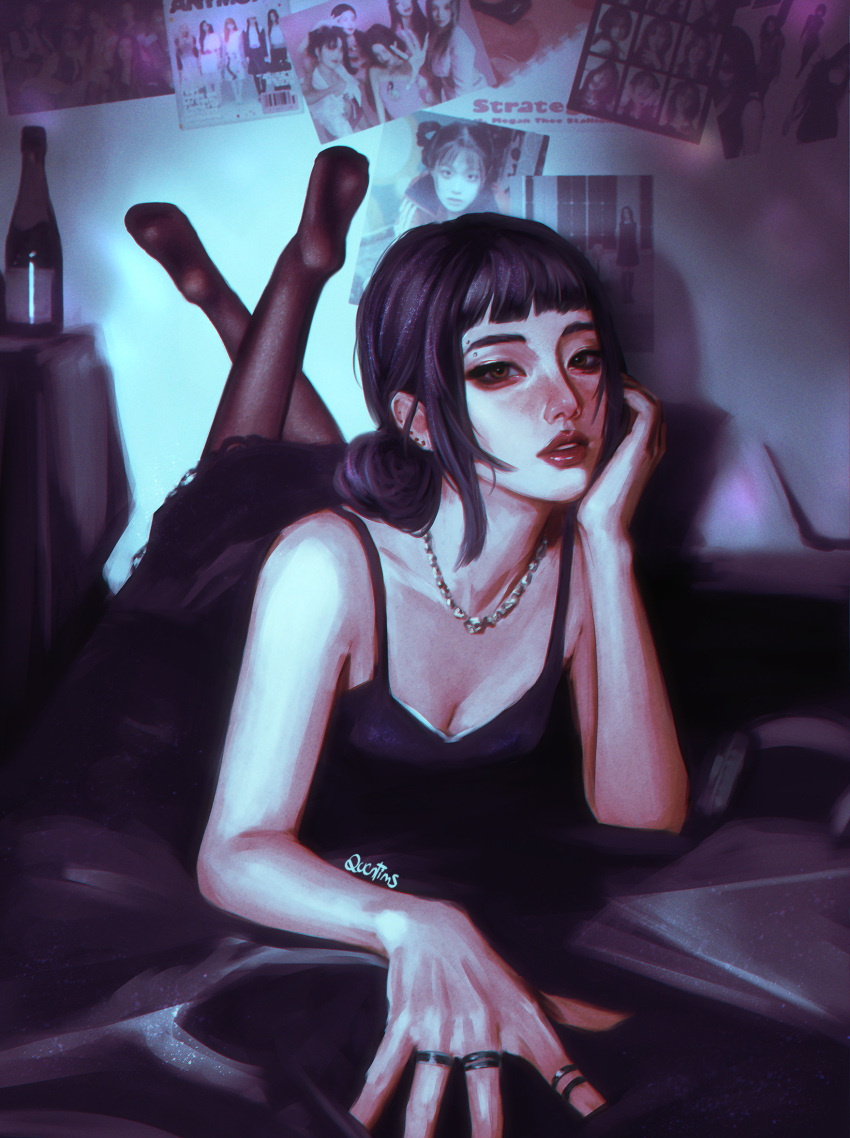 1girl, aespa, black_dress, black_hair, black_pantyhose, bottle, brown_eyes, cho_mi-yeon