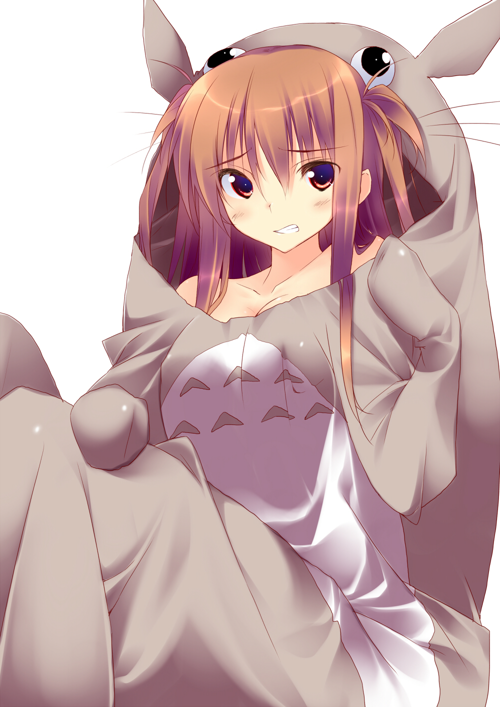 blush, breasts, brown_eyes, brown_hair, clenched_teeth, collarbone, cosplay, frown, highres, hot, kuwashima_rein, long_hair, namesake, original, pun, red_eyes, simple_background, sitting, solo, tonari_no_totoro, tororo_inniina, totoro, totoro_(cosplay)