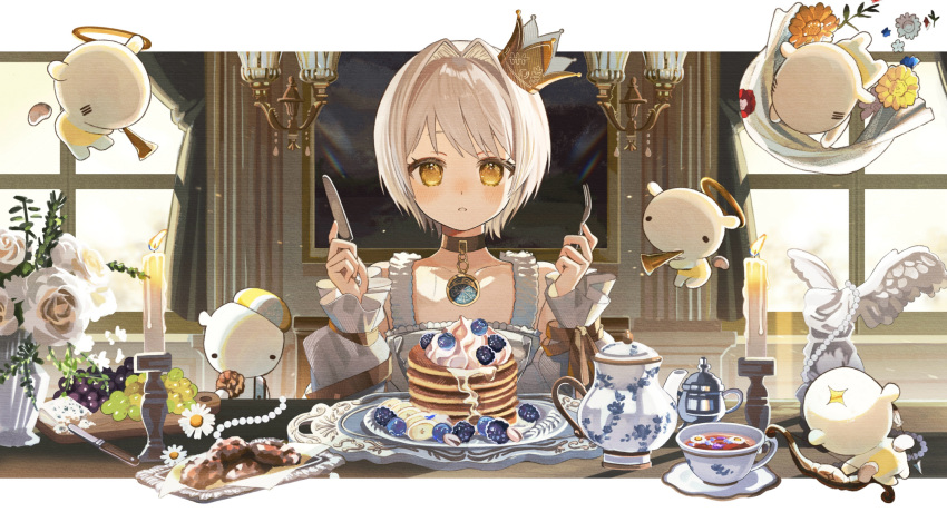 1girl, animal, asa_going, blueberry, candle, choker, commentary, cookie