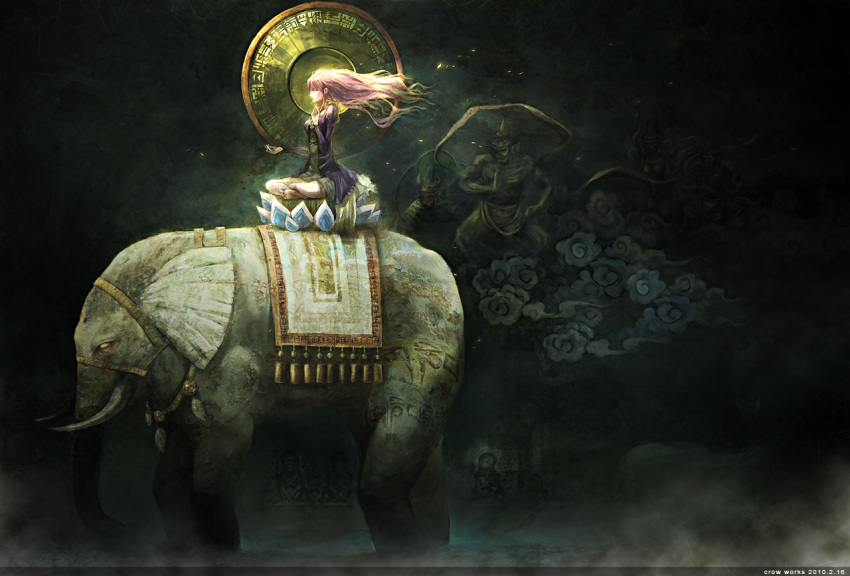 cloud, crowdesu, elephant, flower, fog, hijiri_byakuren, indian_style, lotus