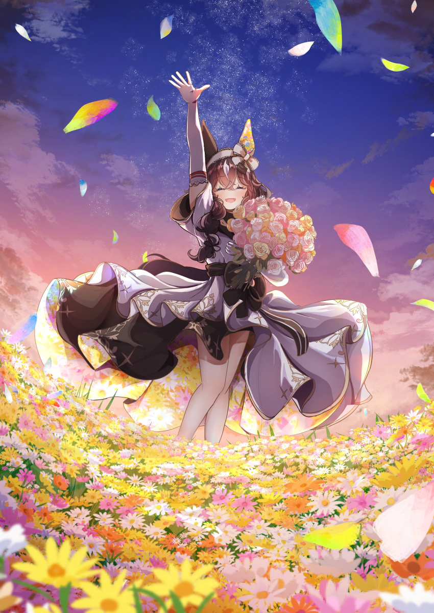 1girl, absurdres, animal_ears, arm_up, blush, bouquet, braid, braided_sidelocks