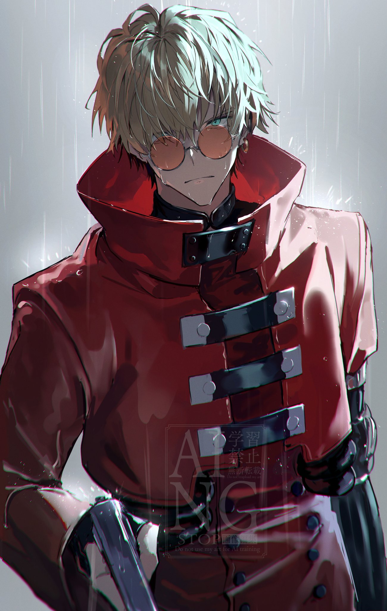 1boy, coat, commentary, highres, long_coat, male_focus, prosthesis, red_coat