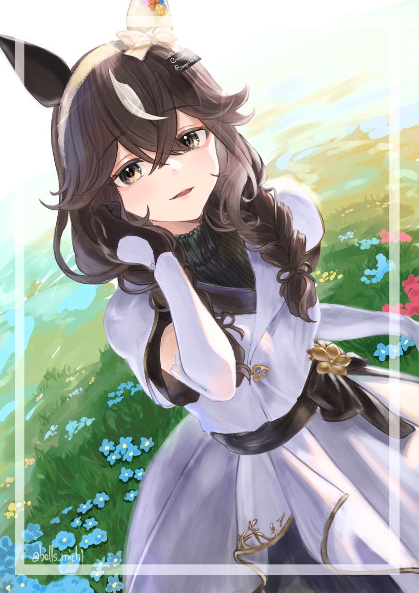1girl, absurdres, animal_ears, blush, braid, brown_eyes, brown_hair, capelet, commentary_request, crossed_bangs, curren_bouquetd'or_(racing)_(umamusume), curren_bouquetd'or_(umamusume), dress, field, flower, flower_field, hair_between_eyes, happy_birthday, highres, horse_ears, horse_girl, long_hair, looking_at_viewer, low_twin_braids, michikusa_(bells_michi), multicolored_hair, open_mouth, smile, solo, streaked_hair, twin_braids, umamusume, white_capelet, white_dress, white_streaks