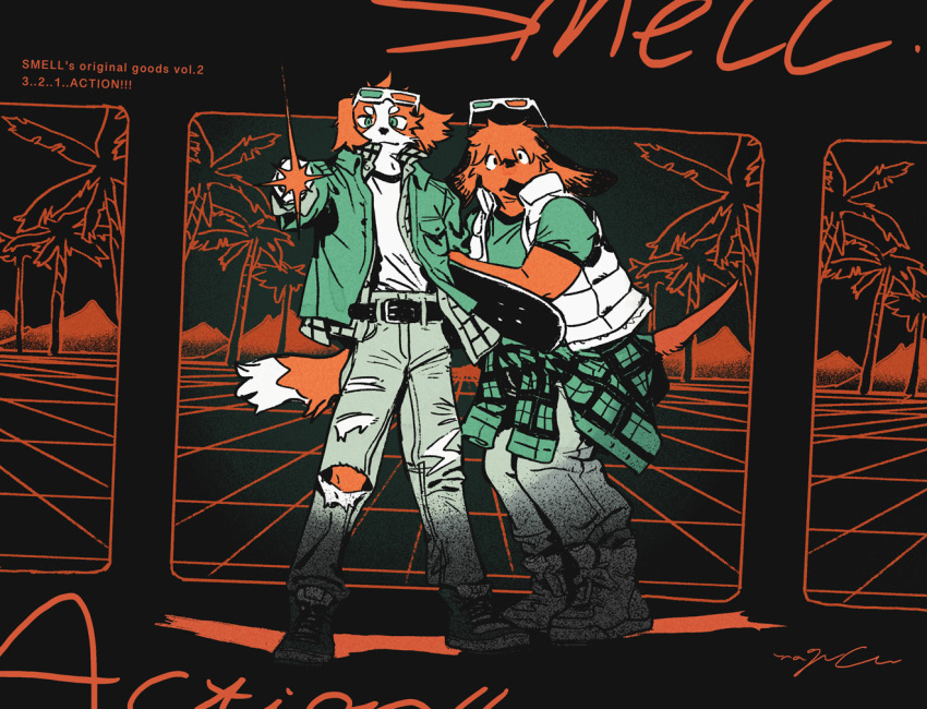 2boys, 3d_glasses, animal_ears, artist_name, boots, clothes_around_waist, commentary_request, copyright_name