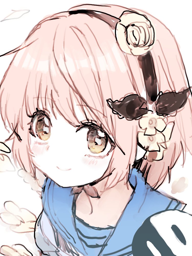 1girl, blue_sailor_collar, commentary_request, fal_(mahoiku), flower, hair_flower, hair_ornament, hairband, looking_at_viewer, magical_girl, mahou_shoujo_ikusei_keikaku, mahou_shoujo_ikusei_keikaku_unmarked, pink_hair, sailor_collar, school_uniform, serafuku, short_hair, simple_background, sirodengaku, smile, snow_white_(mahoiku), solo, white_background, yellow_eyes