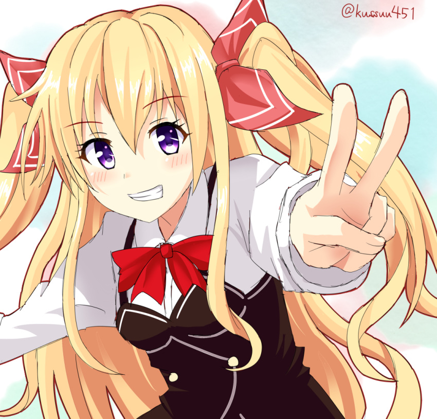 1girl, :d, black_dress, blonde_hair, blue_background, blush, bow, bowtie