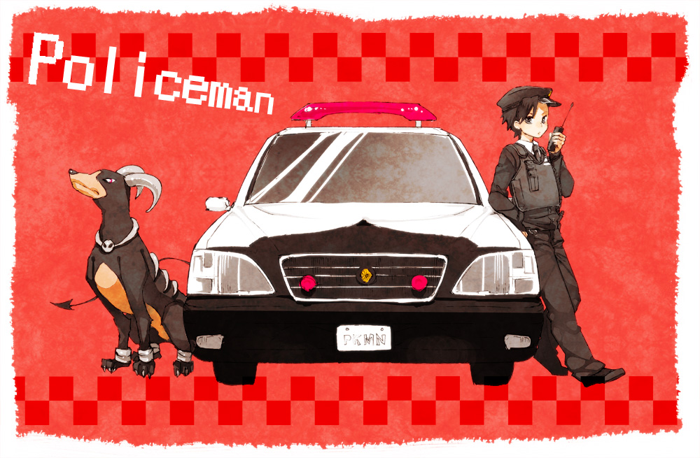 black_hair, gold_(pokemon), grey_eyes, hat, houndoom, kumatani, pokemon, pokemon_(game)