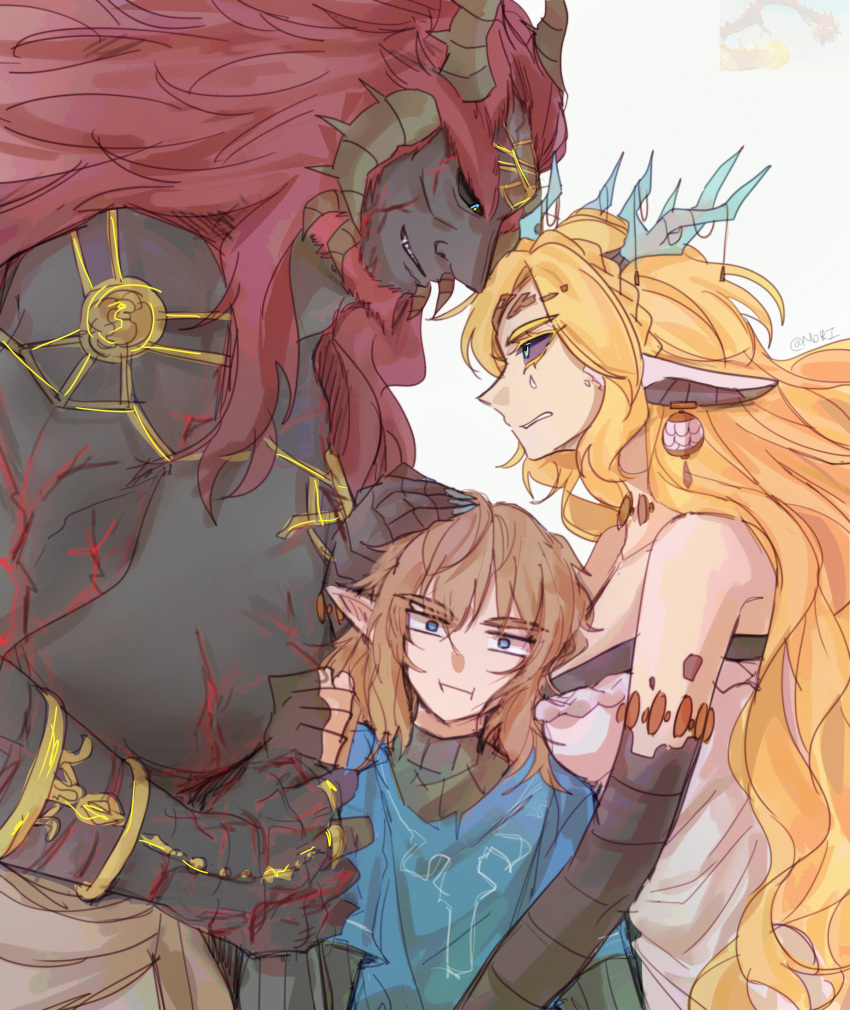 1girl, 2boys, :t, absurdres, beard, blonde_hair, boy_and_girl_sandwich, claws