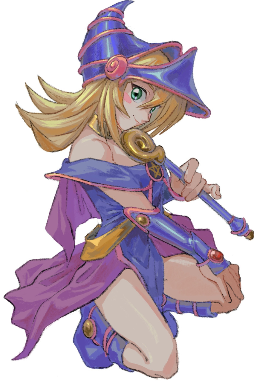 1girl, absurdres, bare_shoulders, blonde_hair, blue_boots, blue_hat, blush_stickers, boots, capelet, dark_magician_girl, duel_monster, green_eyes, hair_between_eyes, hat, highres, holding, holding_wand, long_hair, looking_at_viewer, pentacle, pentagram, phrygian_helmet, pink_capelet, pink_skirt, showgirl_skirt, skirt, smile, solo, wand, white_background, wizard_hat, yu-gi-oh!, z1vfcd2
