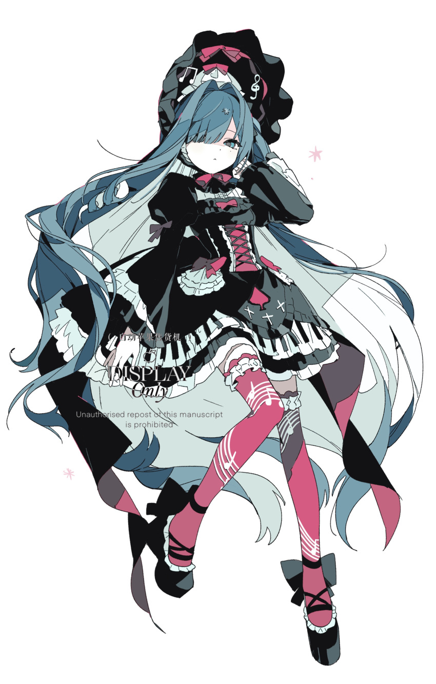1girl, absurdres, black_bonnet, black_bow, black_dress, black_ribbon, black_shoes, blue_eyes