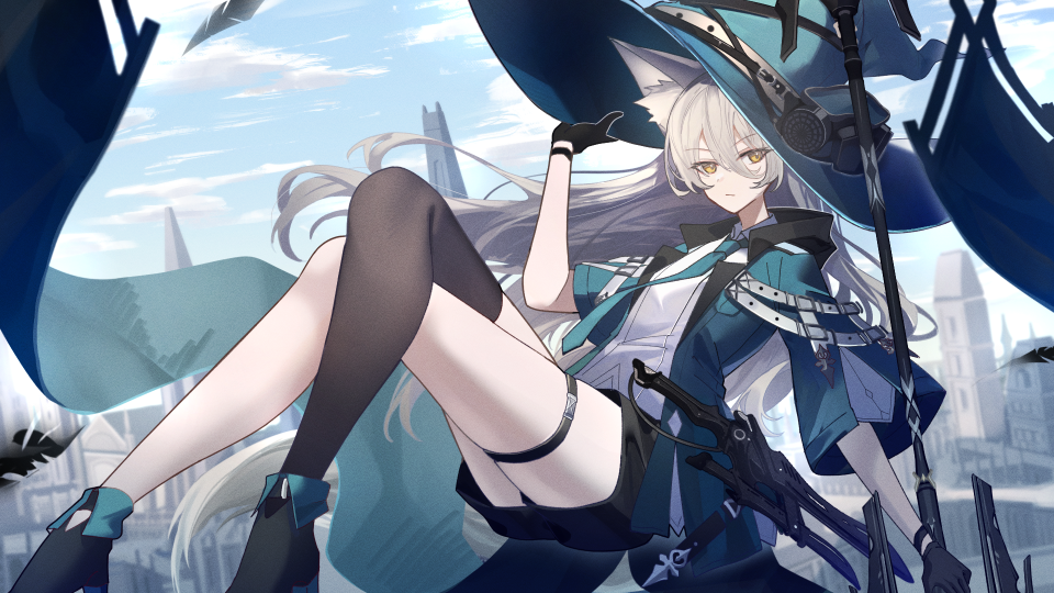 1girl, animal_ear_fluff, animal_ears, black_boots, black_gloves, black_shorts, black_thighhighs, boots, clouds, commentary_request, crossed_legs, day, ears_through_headwear, fox_ears, fox_girl, gloves, hair_between_eyes, hand_on_headwear, hat, high_heels, holding, long_hair, looking_at_viewer, necktie, nyokisan, original, outdoors, shirt, shorts, single_thighhigh, sky, solo, staff, thigh-highs, thigh_strap, weapon, white_shirt, witch_hat