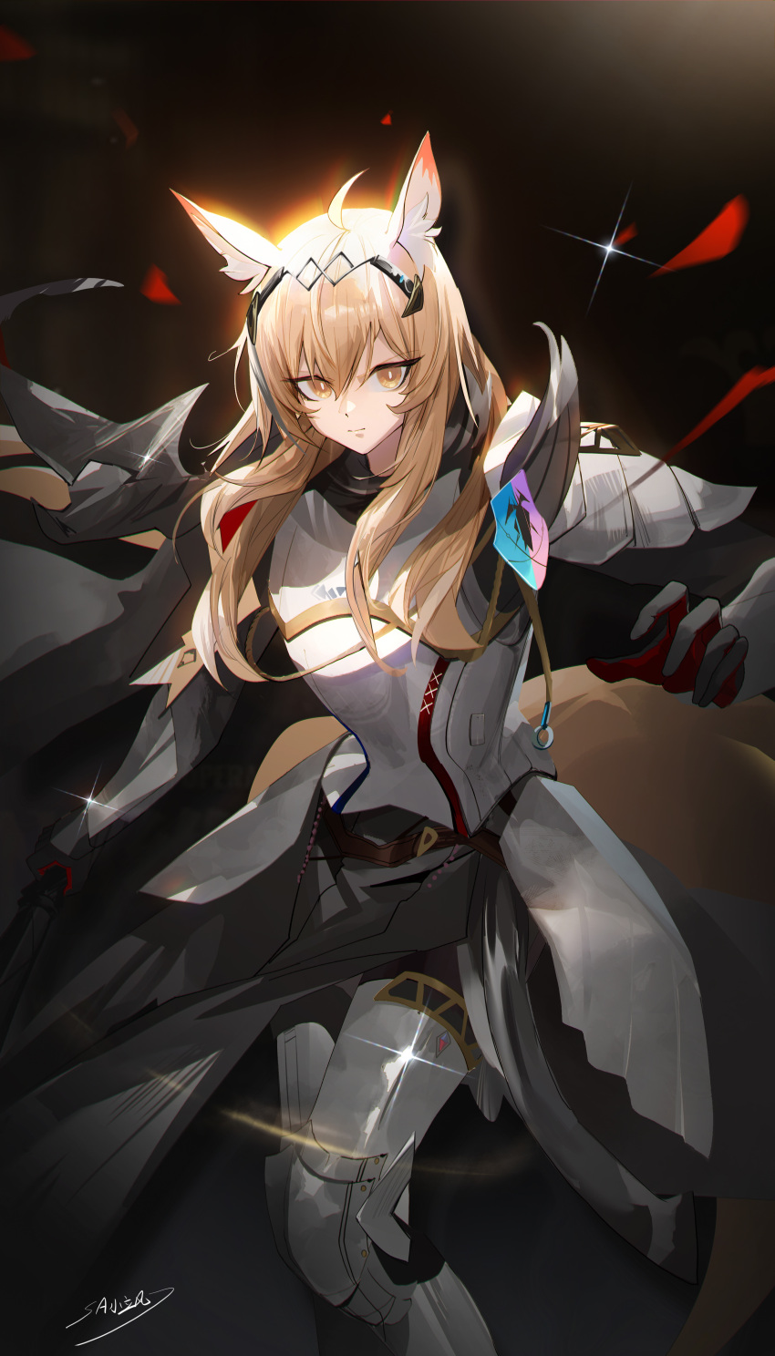 1girl, absurdres, ahoge, animal_ear_fluff, animal_ears, arknights, armor, armored_boots