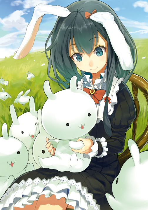 animal_ears, aqua_eyes, black_hair, blue_sky, bow, bunny, bunny_ears, chair, cloud, dress, face, grass, hair_bow, hair_ribbon, kimura-san_(kimura_daisuke), long_hair, looking_down, original, rabbit, ribbon, shirabi_(life-is-free), sitting, sky, smile, solo, stuffed_animal, stuffed_bunny, stuffed_toy