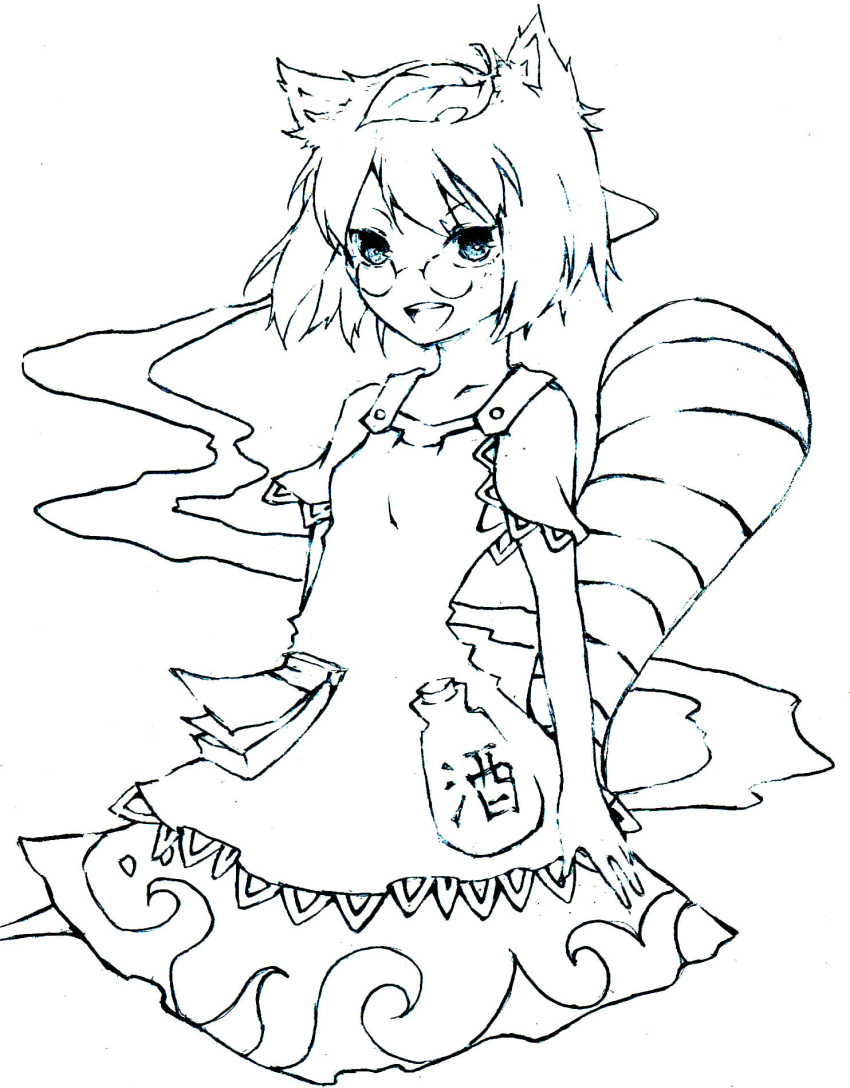 :d, animal_ears, bottle, futatsuiwa_mamizou, glasses, highres, la, leaf, leaf_on_head, monochrome, no_nose, notepad, open_mouth, promissory_note, raccoon_ears, raccoon_tail, short_hair, smile, smoke, solo, tail, touhou