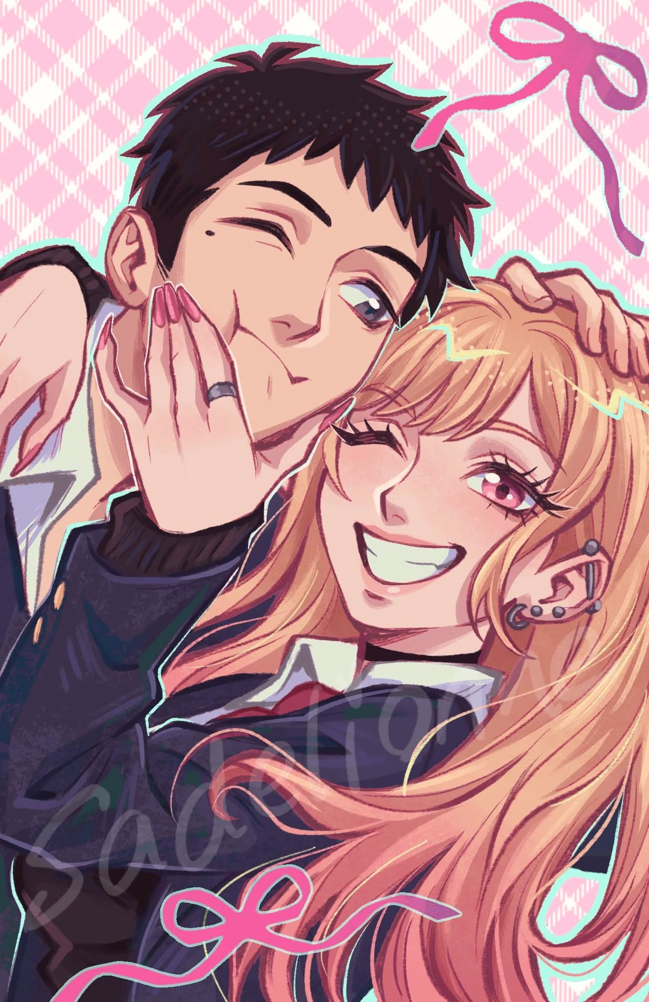 1boy, 1girl, barbell_piercing, black_choker, blonde_hair, choker, couple, ear_piercing, fake_nails, gojou_wakana, gyaru, highres, industrial_piercing, kitagawa_marin, long_fingernails, piercing, sadelionne, sono_bisque_doll_wa_koi_wo_suru