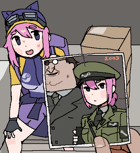 1boy, 1girl, bike_shorts, blue_eyes, box, breasts, coconuts_(artist), commentary