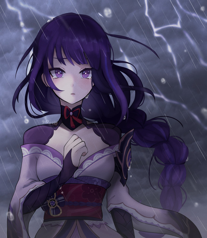 1girl, armor, artist_name, bludblegum, blue_pupils, blurry, braid, bridal_gauntlets, clouds, cloudy_sky, commentary, crying, crying_with_eyes_open, depth_of_field, english_commentary, genshin_impact, gradient_hair, grey_background, highres, japanese_clothes, kimono, lightning, looking_at_viewer, multicolored_hair, off_shoulder, outdoors, parted_lips, purple_hair, purple_kimono, raiden_shogun, rain, red_sash, sad, sash, shade, shoulder_armor, single_braid, sky, solo, standing, storm, streaked_hair, tears, violet_eyes