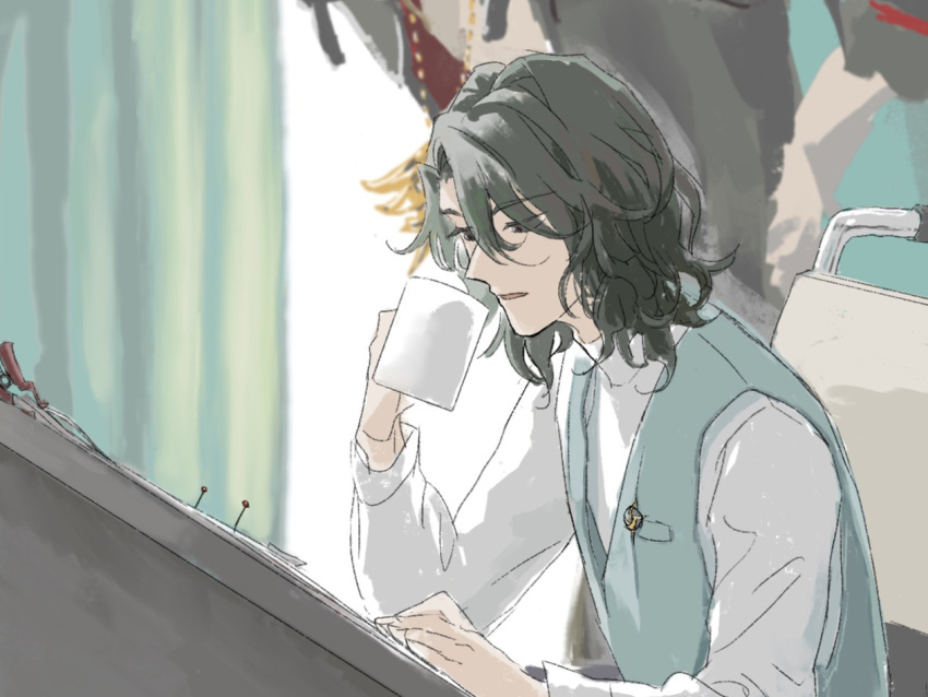 2boys, black_eyes, black_hair, black_jacket, clamp_(tool), coffee_mug, commentary_request, cup