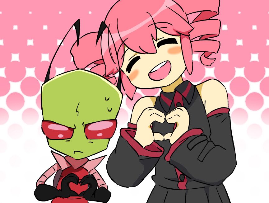 1boy, 1girl, alien, commentary, crunchcontrol, drill_hair, english_commentary, heart, heart_hands, invader_zim, kasane_territory_(utau), kasane_teto, smile, twin_drills, utau, zim_(invader_zim)