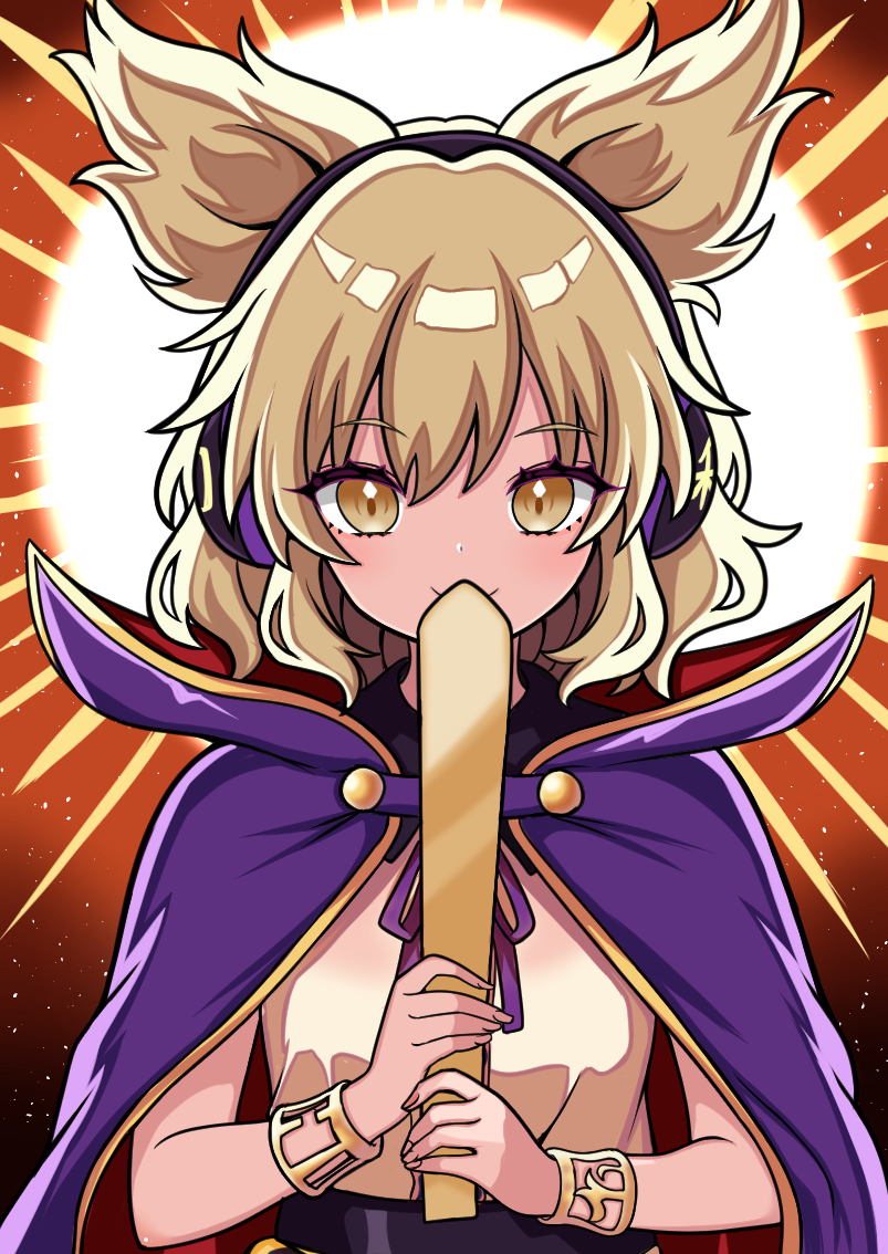 1girl, blush, bracelet, brown_background, brown_eyes, brown_hair, cape, closed_mouth