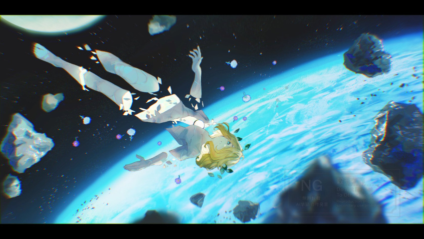 1boy, asteroid, blonde_hair, commentary_request, cracked_skin, earth_(planet), expressionless, fate/strange_fake