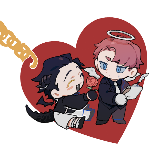 2boys, angel_wings, black_gloves, black_hair, black_jacket, black_pants, black_shoes, black_suit